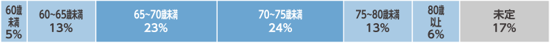 60歲 未満 5% 60~65歳未満 13% 65~70歳未満 23% 70~75歳未満 24% 75~80歳未満 13% 80歲 以上 6% 未定 17%