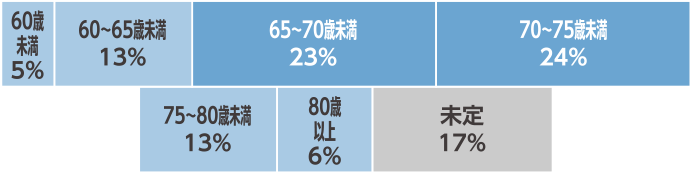 60歲 未満 5% 60~65歳未満 13% 65~70歳未満 23% 70~75歳未満 24% 75~80歳未満 13% 80歲 以上 6% 未定 17%
