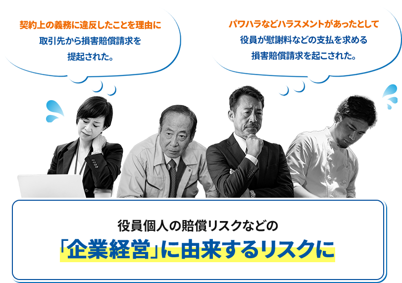 契約上の義務に違反したことを理由に取引先から損害賠償請求を提起された。｜パワハラなどハラスメントがあったとして役員が慰謝料などの支払いを求める損害賠償請求を起こされた。｜役員個人の賠償リスクなどの「企業経営」に由来するリスクに
