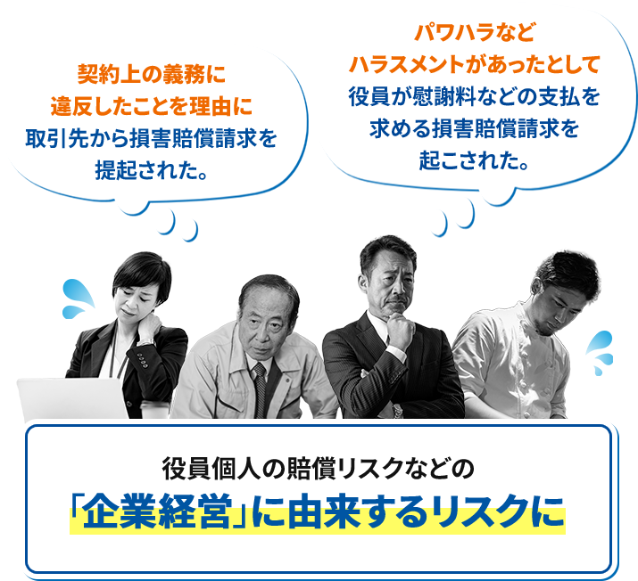 契約上の義務に違反したことを理由に取引先から損害賠償請求を提起された。｜パワハラなどハラスメントがあったとして役員が慰謝料などの支払いを求める損害賠償請求を起こされた。｜役員個人の賠償リスクなどの「企業経営」に由来するリスクに