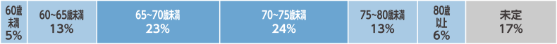 60歲 未満 5% 60~65歳未満 13% 65~70歳未満 23% 70~75歳未満 24% 75~80歳未満 13% 80歲 以上 6% 未定 17%