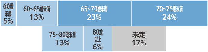 60歲 未満 5% 60~65歳未満 13% 65~70歳未満 23% 70~75歳未満 24% 75~80歳未満 13% 80歲 以上 6% 未定 17%